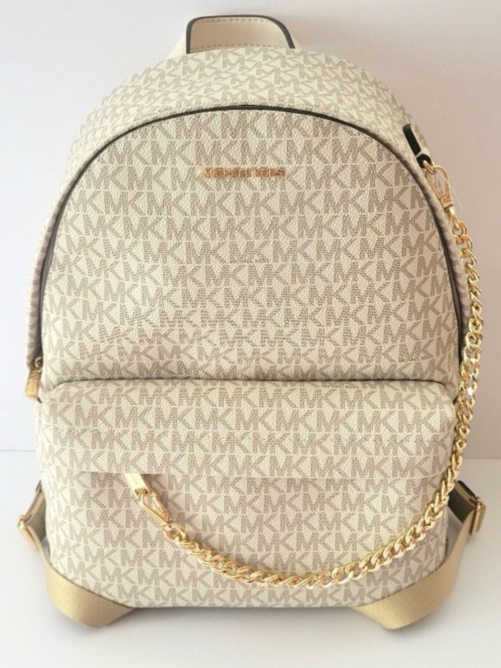 Michael Kors Slater Medium Chain Cream Logo Mini Backpack with Gold Chain